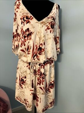 White House Black Market Cream Cold Shoulder Dress with Maroon Floral Print